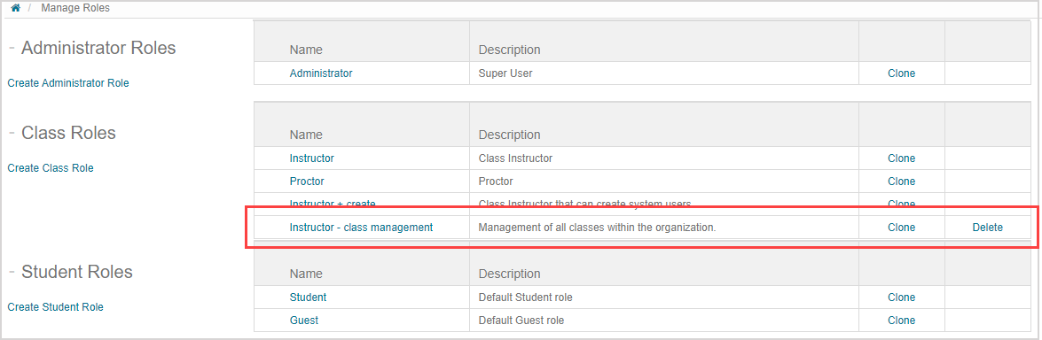 On the Manage Roles page, the name of the new role in the table is highlighted.